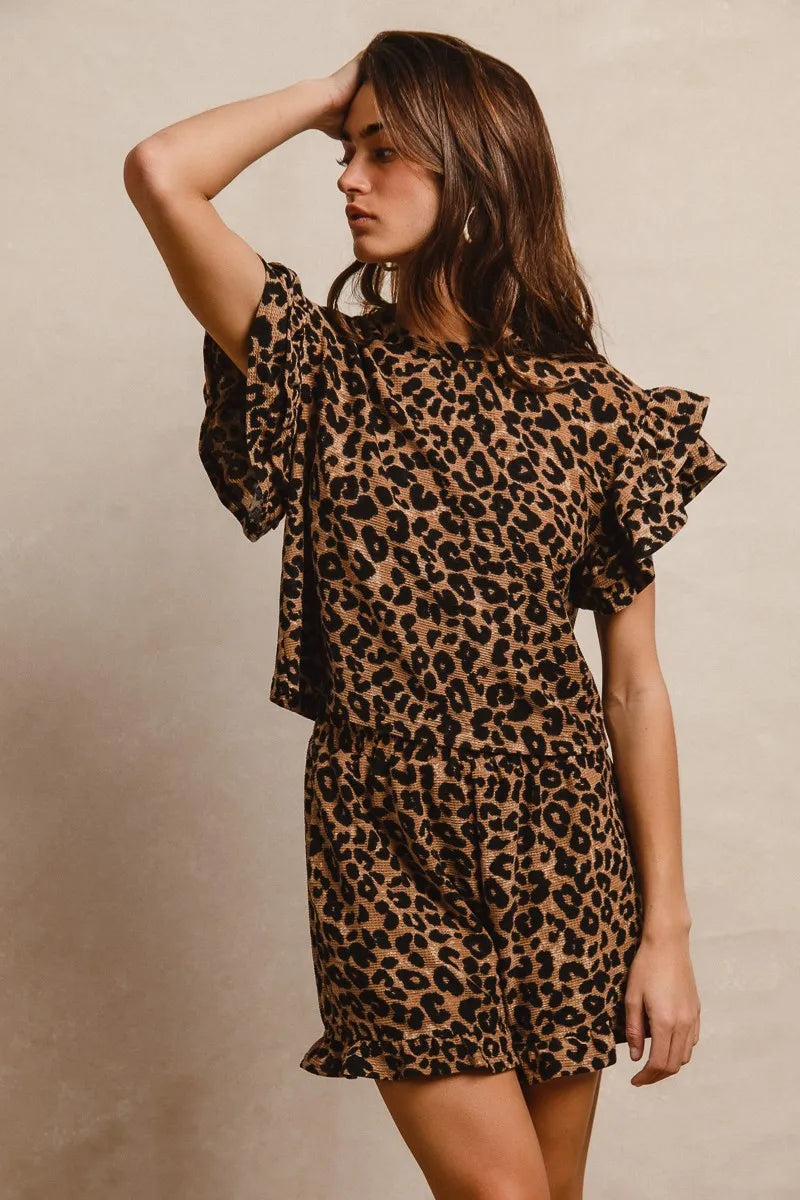 BiBi Leopard Print Waffle Texture Layered Ruffle Sleeve Top and Shorts Set - Tigbul's Variety Fashion Shop