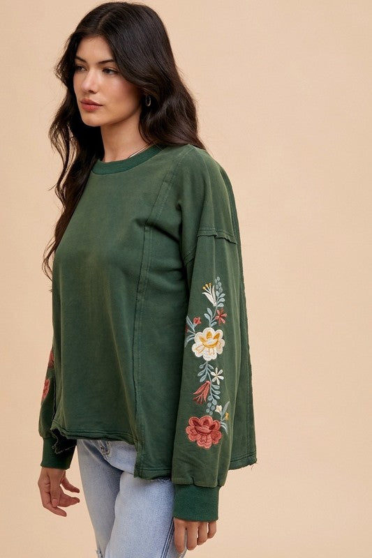 Embroidered Long Sleeve French Terry Top - Tigbul's Variety Fashion Shop