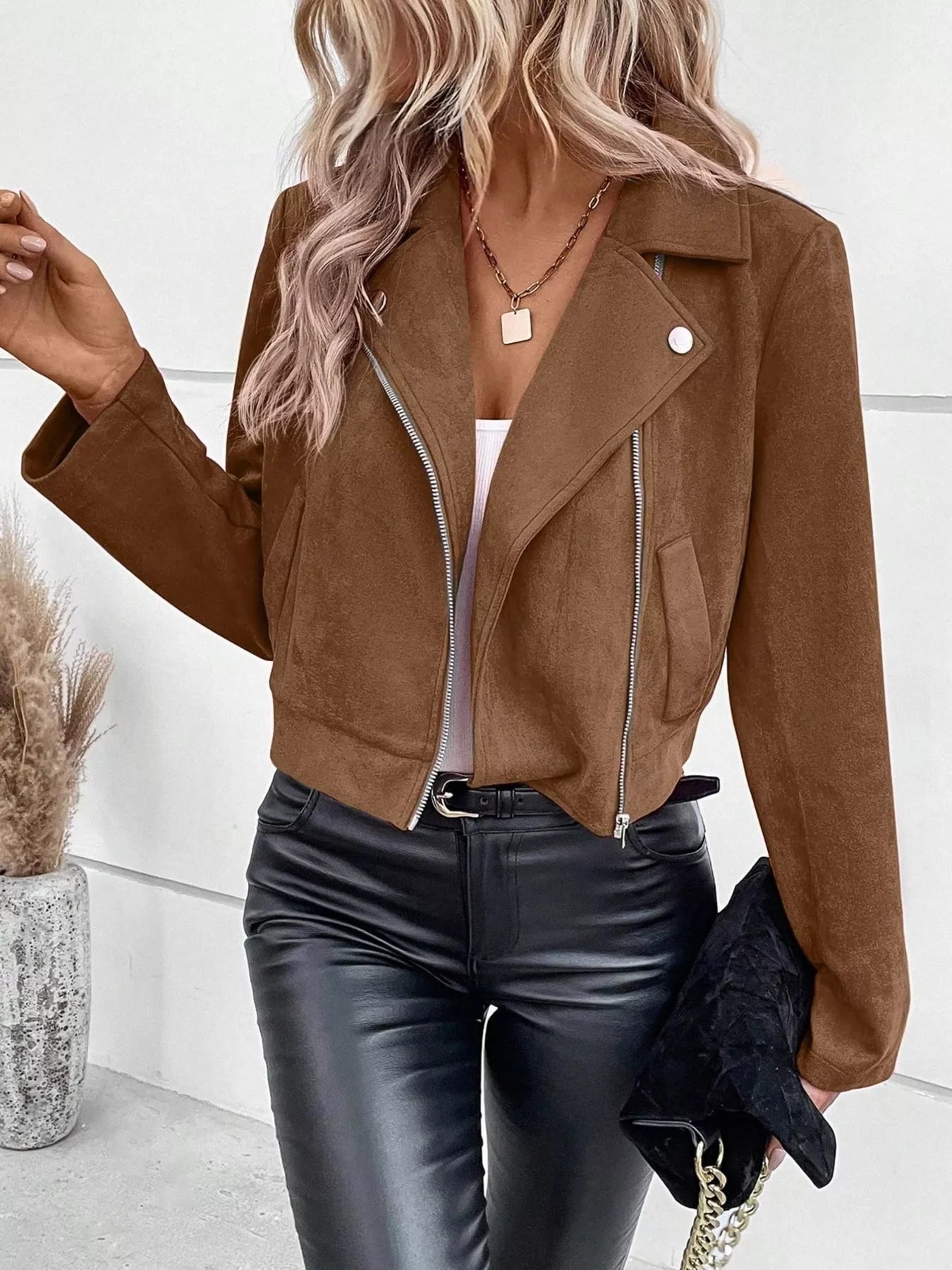 Suede Moto Jacket with Zip Detail - Tigbul's Variety Fashion Shop