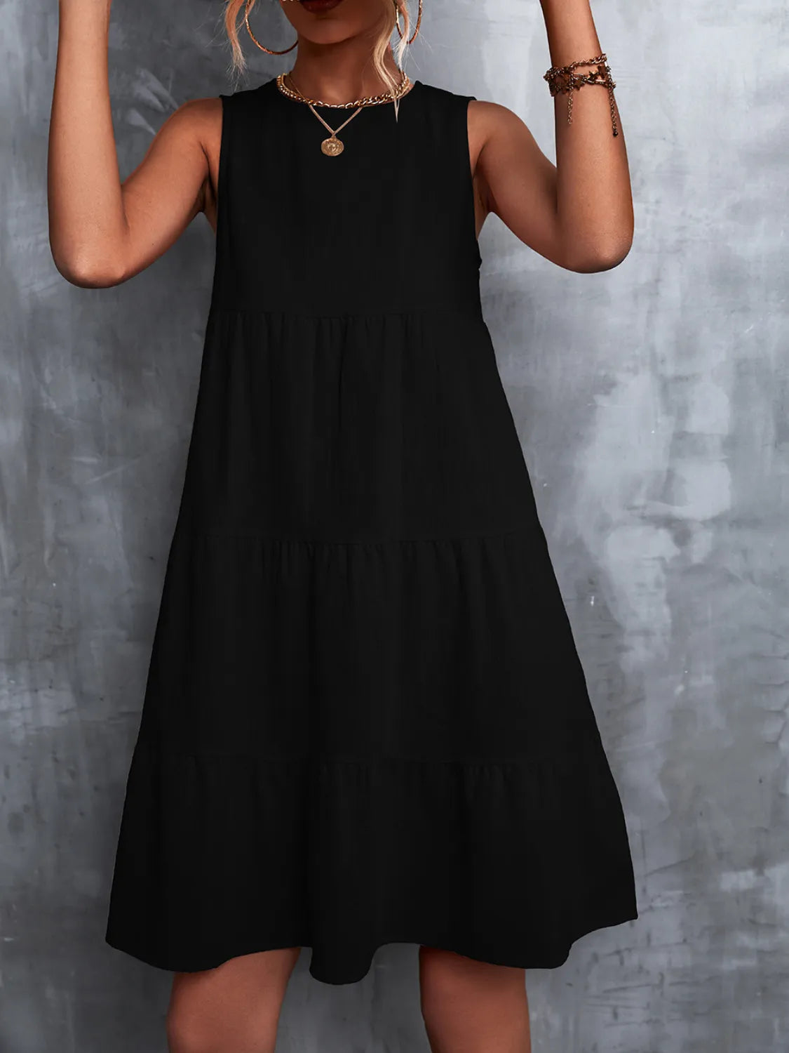 Tiered Round Neck Sleeveless Mini Tank Dress - Tigbul's Variety Fashion Shop
