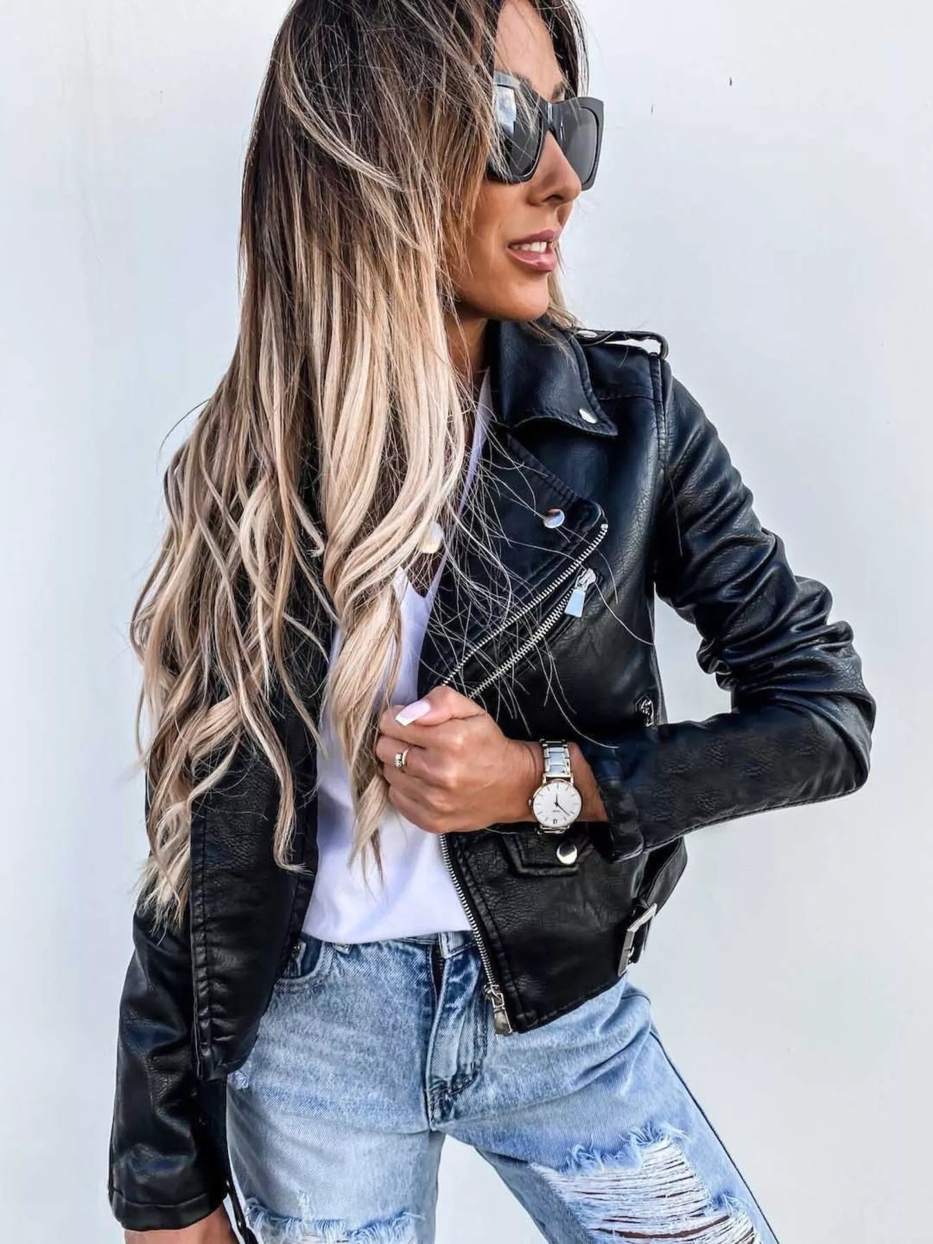 Full Size Zip Up Leather Motorcycle Biker Jacket Plus Size - Tigbul's Variety Fashion Shop