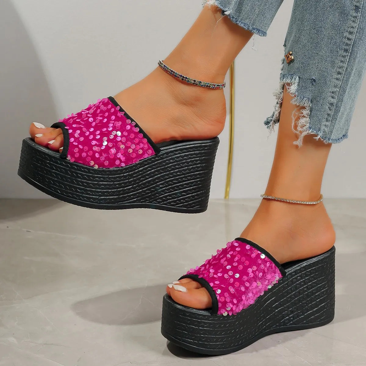 Rhinestone Peep Toe Wedge Sandals - Tigbul's Variety Fashion Shop