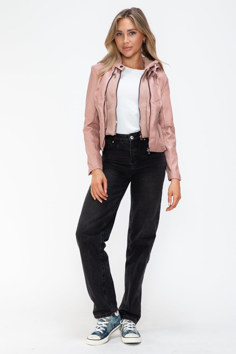 Mauve Faux Leather Zip Up Drawstring Hooded Jacket - Tigbul's Variety Fashion Shop