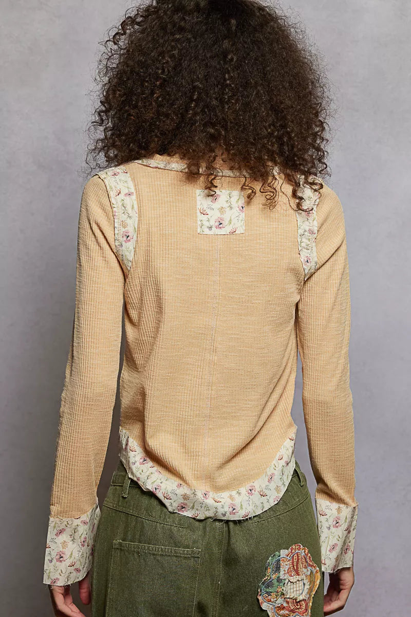 POL Floral Patch V-Neck Long Sleeve Ribbed Top - Tigbul's Variety Fashion Shop