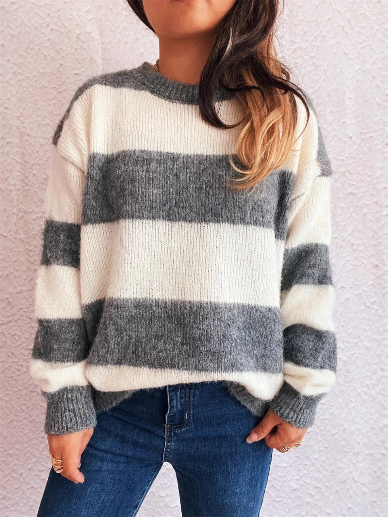 Striped Contrast Long Sleeve Sweater - Tigbul's Variety Fashion Shop