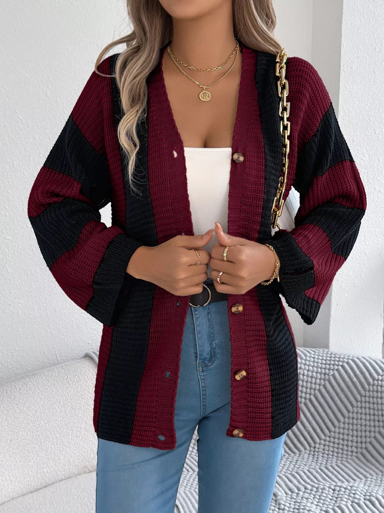 Color Block Button-Up Cardigan - Tigbul's Variety Fashion Shop