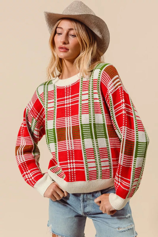 SO ME Christmas Color Checkered Plaid Crew Neck Sweater - Tigbul's Variety Fashion Shop