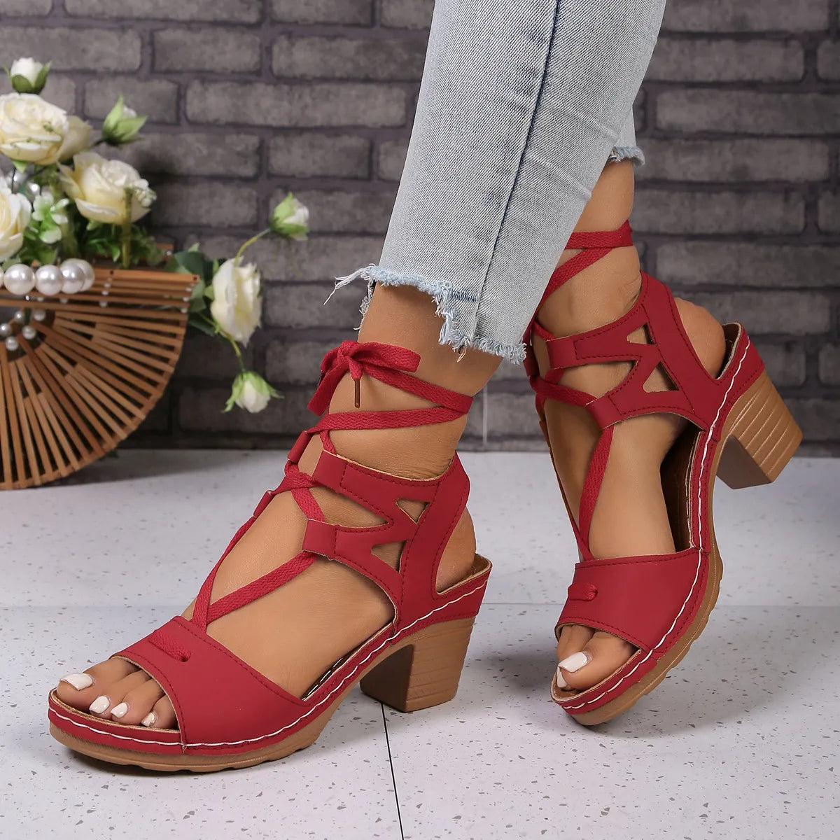 Lace-Up Block Heel Sandals - Tigbul's Variety Fashion Shop
