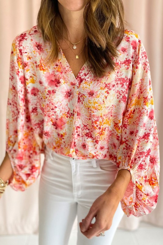 Women Pink Floral Bubble Sleeve V Neck Blouse - Tigbul's Variety Fashion Shop