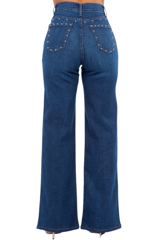 Olivia Studded Wide Leg Dark Blue Jean Pants - Tigbul's Variety Fashion Shop