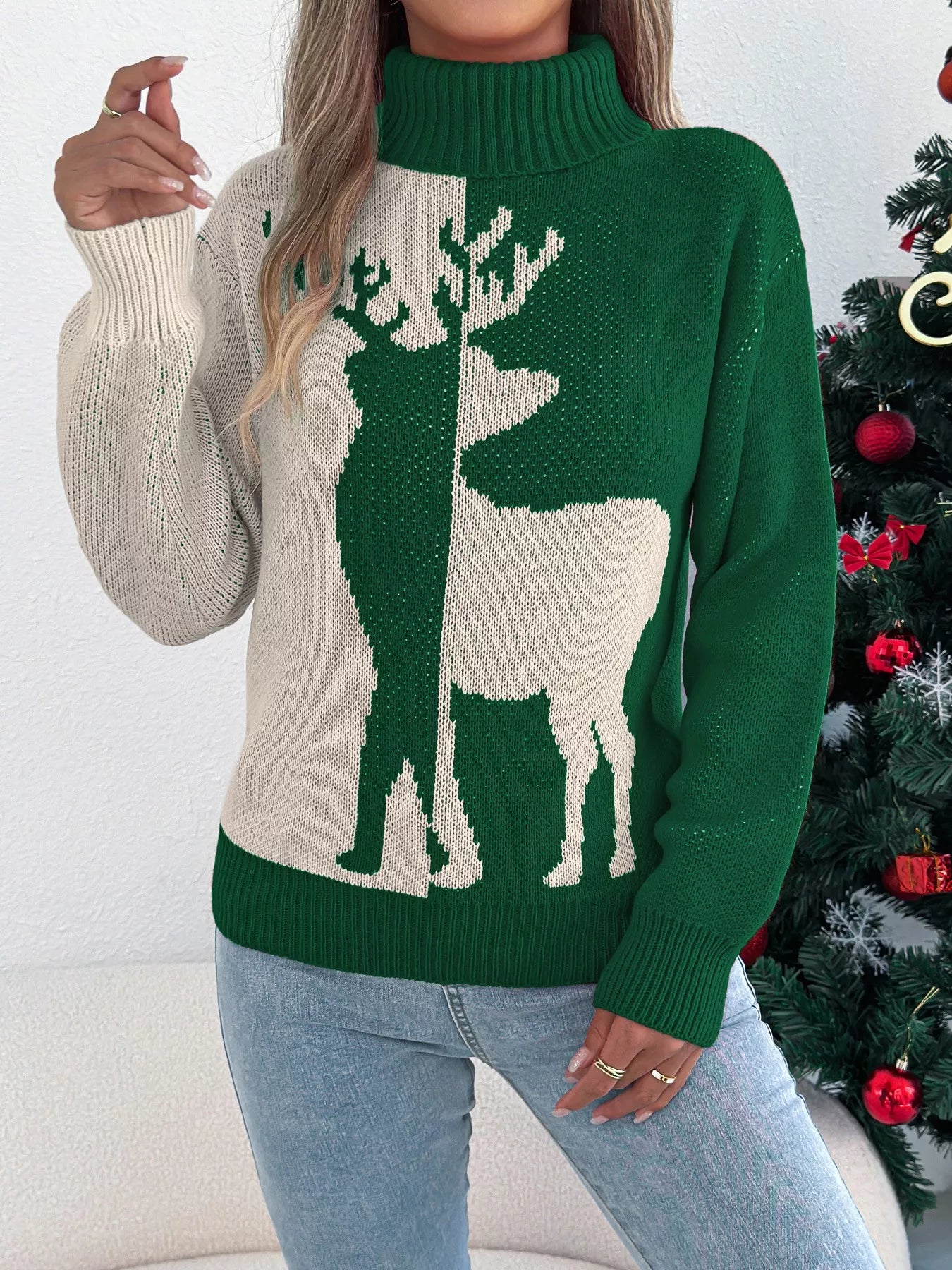 Christmas Reindeer Turtleneck Sweater - Tigbul's Variety Fashion Shop