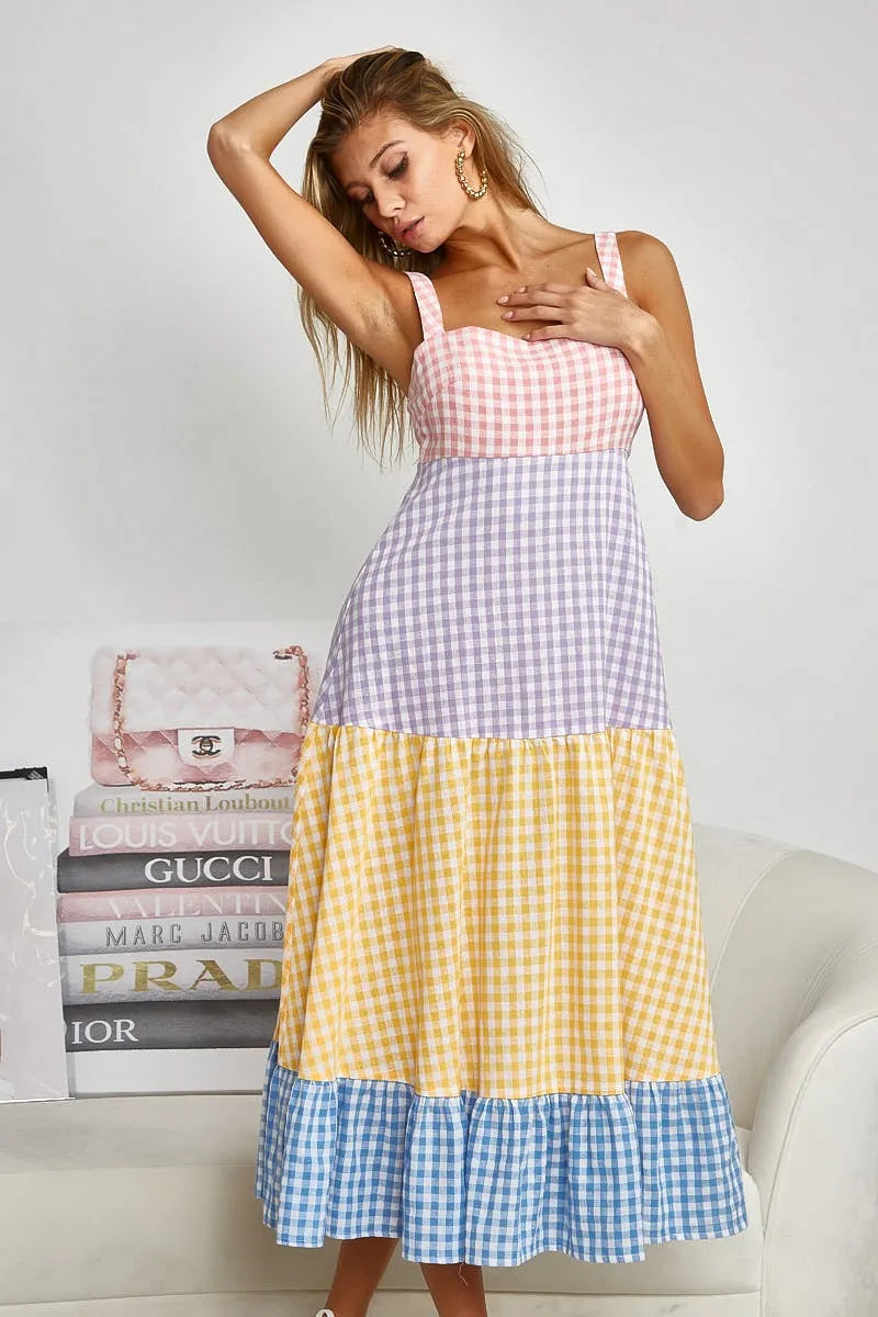 Color Block Tiered Gingham Dress - Tigbul's Variety Fashion Shop