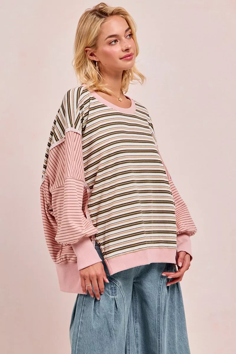 BiBi Stripe Mixed Top With Cut Edge And Reverse Outseam - Tigbul's Variety Fashion Shop
