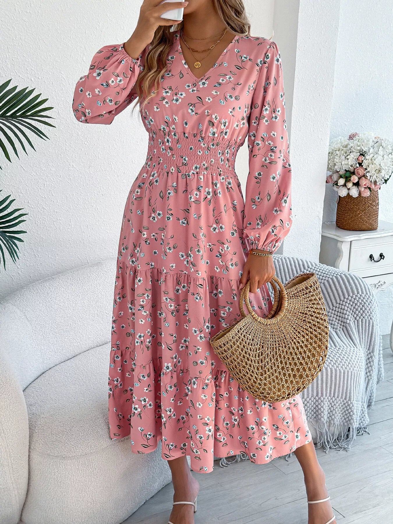 Floral Print Long Sleeve V-Neck Midi Dress - Tigbul's Variety Fashion Shop
