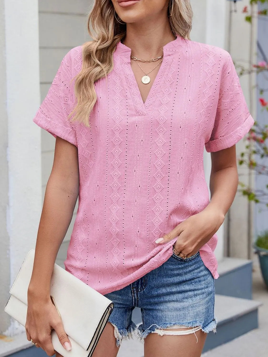 Eyelet Notched Short Sleeve Top - Tigbul's Variety Fashion Shop