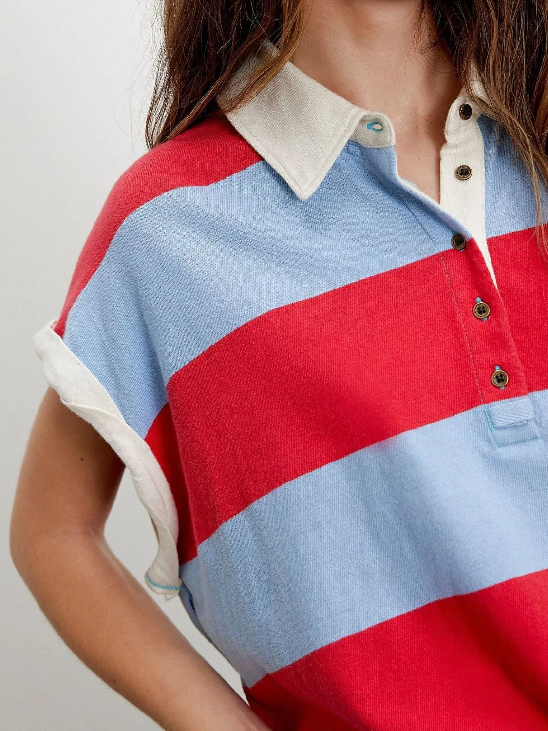 Striped Collared Neck Short Sleeve Top - Tigbul's Variety Fashion Shop