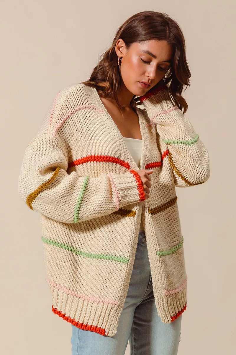 SO ME Loose Fit Multi Stripe Open Front Cardigan - Tigbul's Variety Fashion Shop