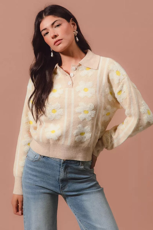 Floral Stripe Polo Collar Sweater - Tigbul's Variety Fashion Shop