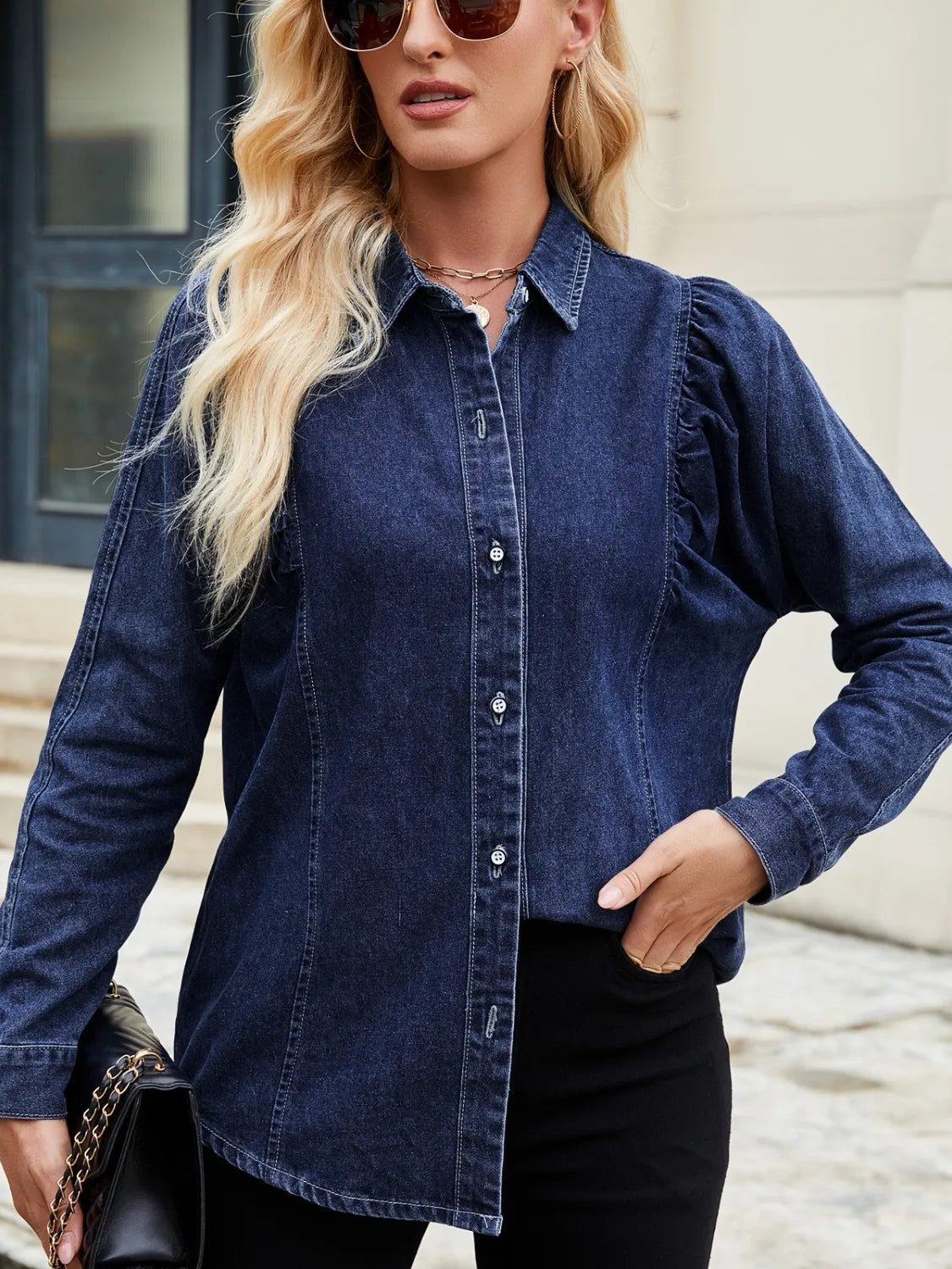 Button Down Collared Neck Denim Shirt - Tigbul's Variety Fashion Shop