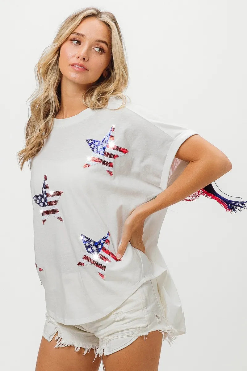 American Flag Sequin Star Fringe Top - Tigbul's Variety Fashion Shop