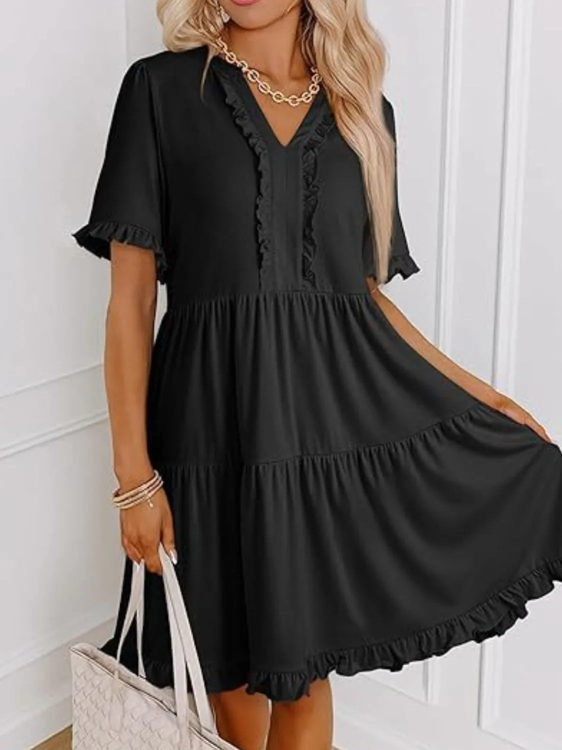 Tiered Notched Short Sleeve Mini Dress - Tigbul's Variety Fashion Shop