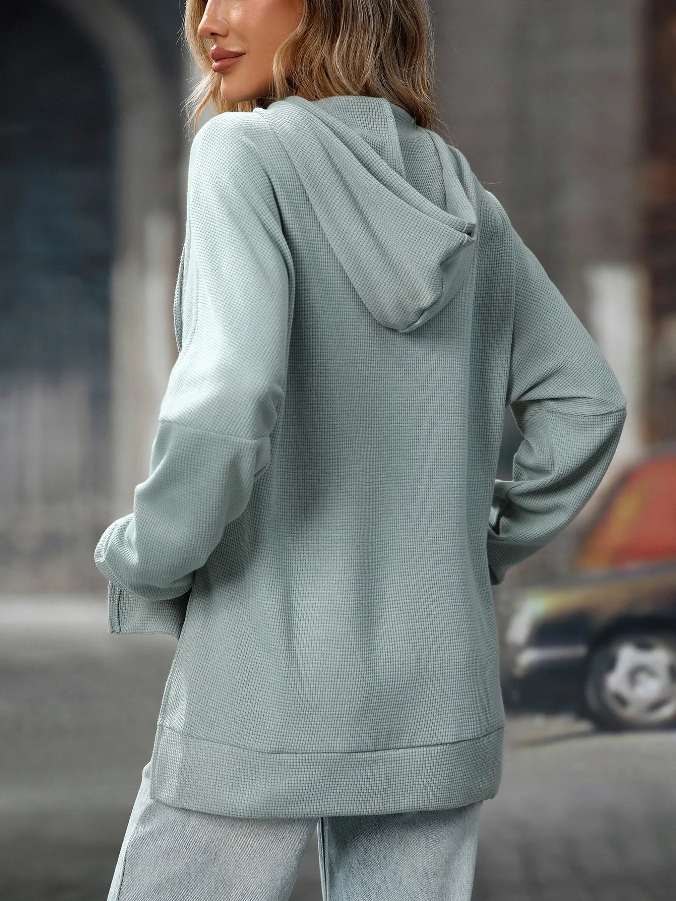 Textured Drawstring Long Sleeve Hoodie - Tigbul's Variety Fashion Shop