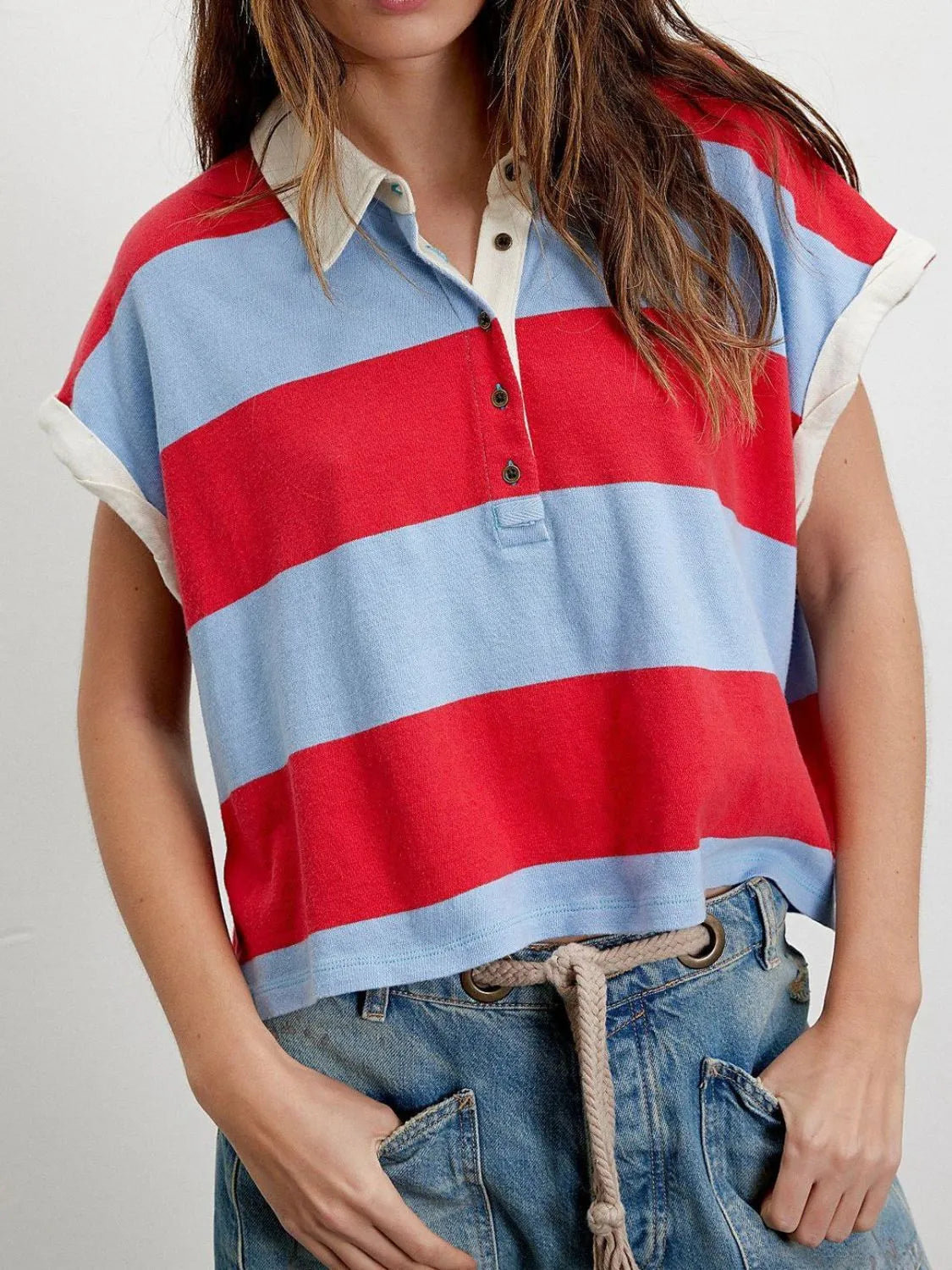 Striped Collared Neck Short Sleeve Top - Tigbul's Variety Fashion Shop