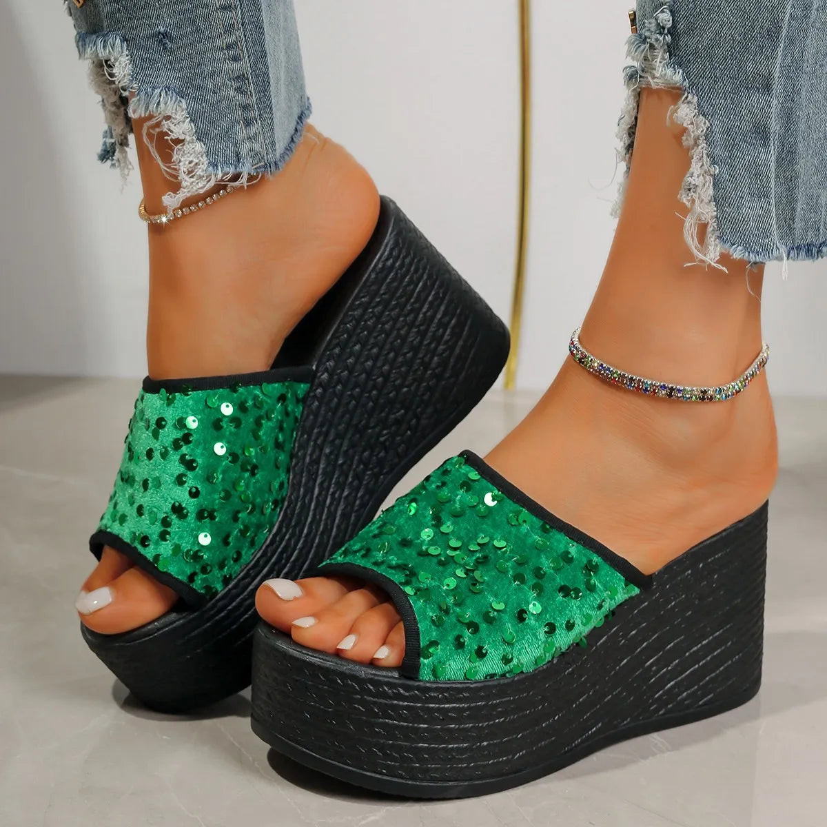Rhinestone Peep Toe Wedge Sandals - Tigbul's Variety Fashion Shop