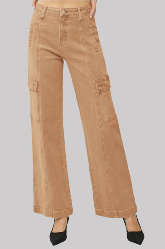 RISEN Full Size Tan High Rise Wide Leg Cargo Jeans - Tigbul's Variety Fashion Shop