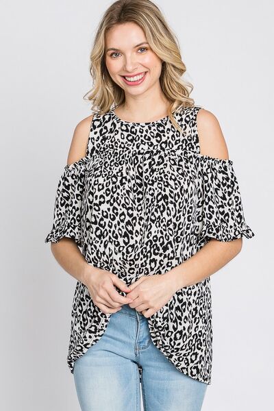 Ivory/Black Leopard Round Neck Cold Shoulder T-Shirt Plus Size - Tigbul's Variety Fashion Shop