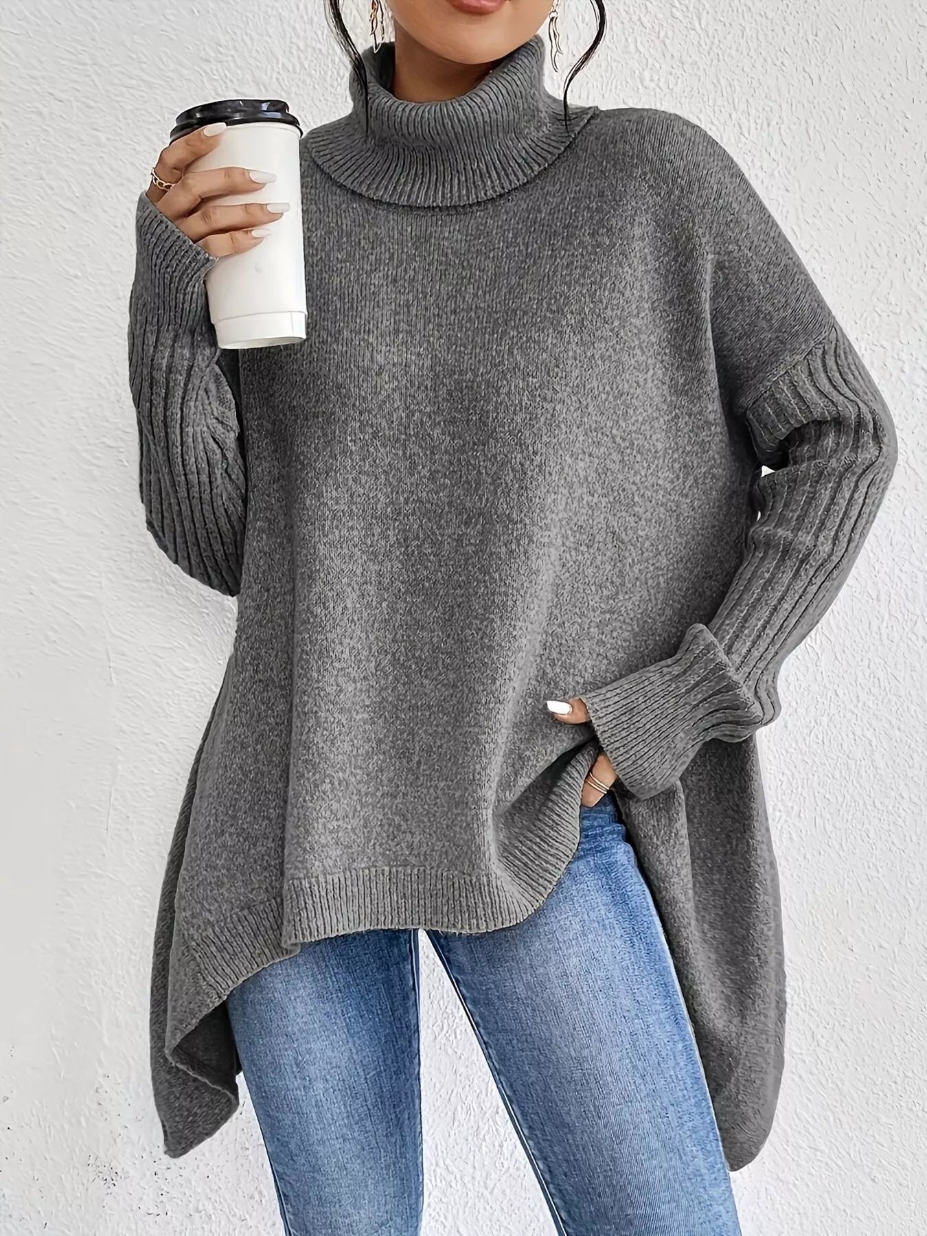 Turtleneck Dropped Shoulder Sweater - Tigbul's Variety Fashion Shop