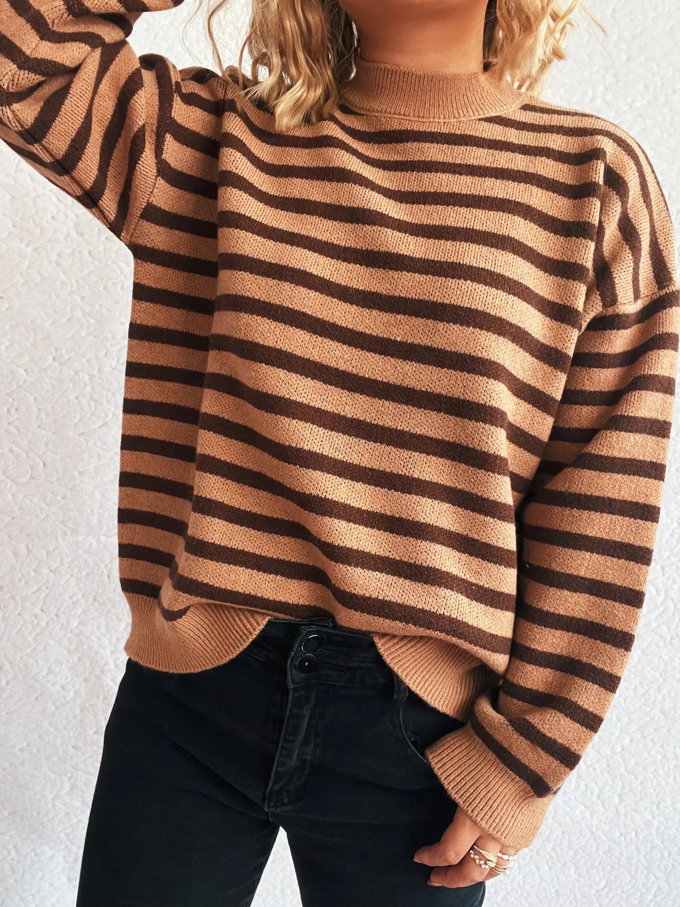 Striped Mock Neck Long Sleeve Sweater - Tigbul's Variety Fashion Shop