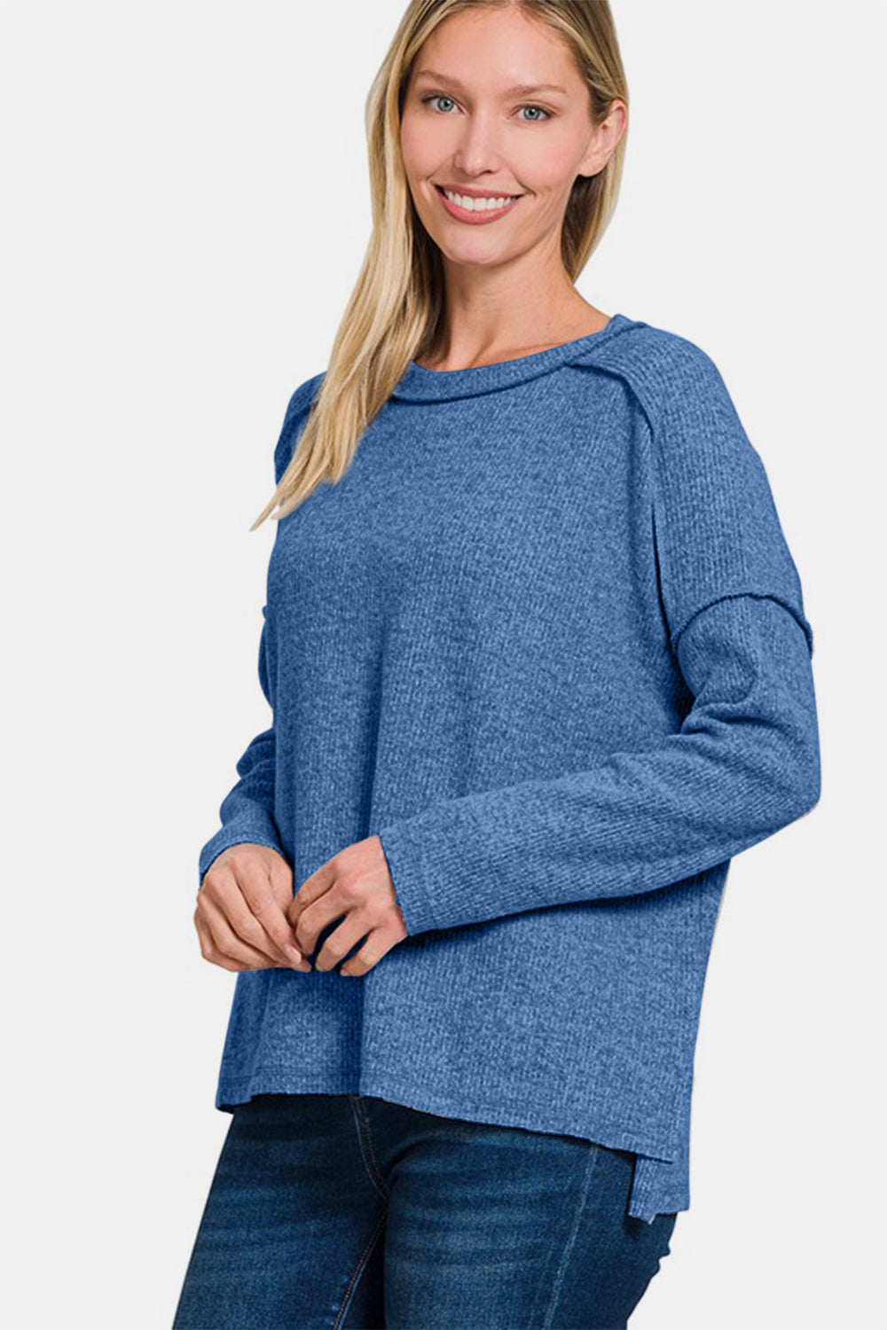Navy Exposed Seam Brushed Round Neck Sweater - Tigbul's Variety Fashion Shop