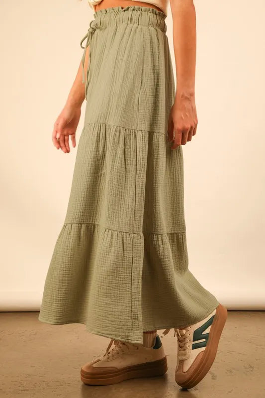 Green Elastic Waist Tiered Maxi Skirt - Tigbul's Variety Fashion Shop