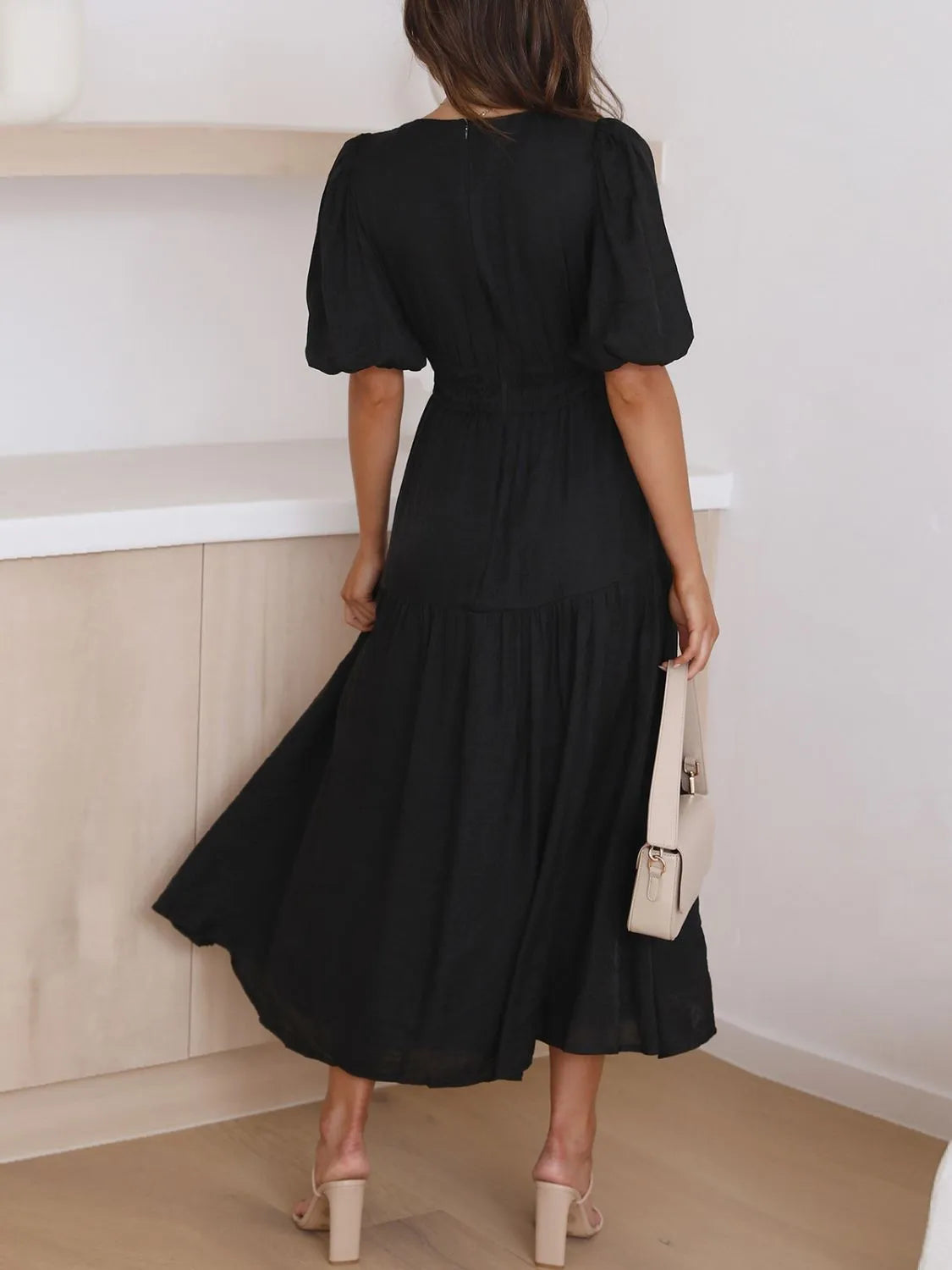 V-Neck Puff Sleeve Midi Dress - Tigbul's Variety Fashion Shop