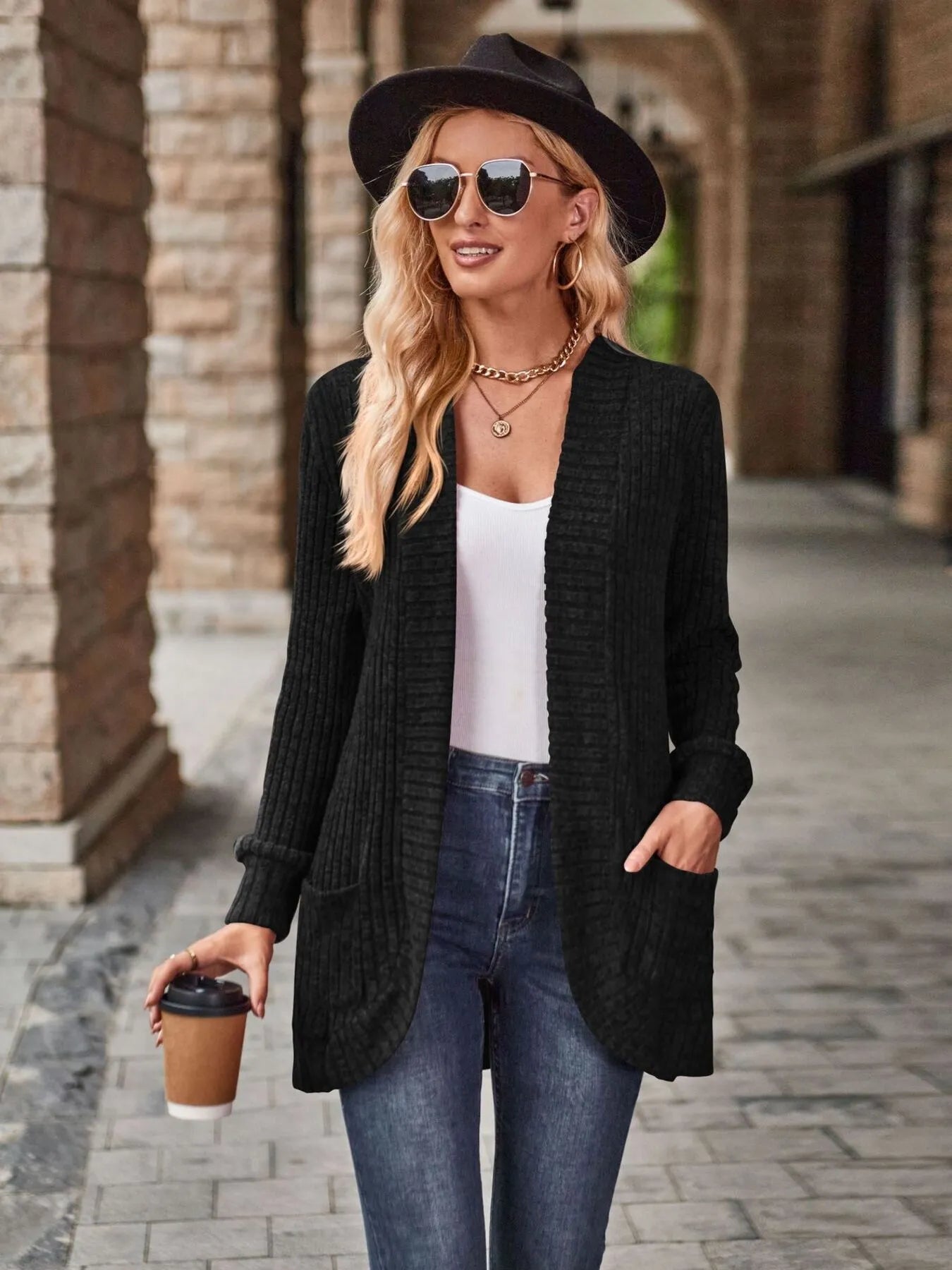 Ribbed Open Front Long Cardigan with Pockets - Tigbul's Variety Fashion Shop