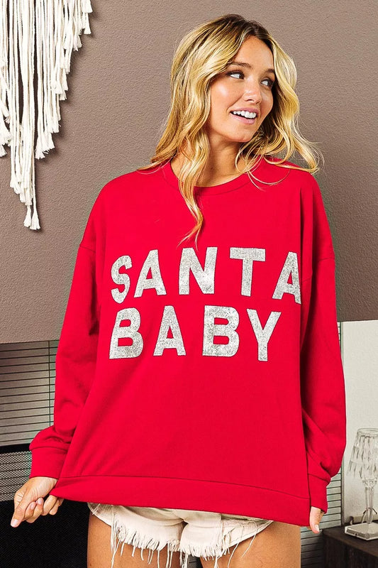 BiBi Santa Baby Lettering Christmas Sweatshirt - Tigbul's Variety Fashion Shop