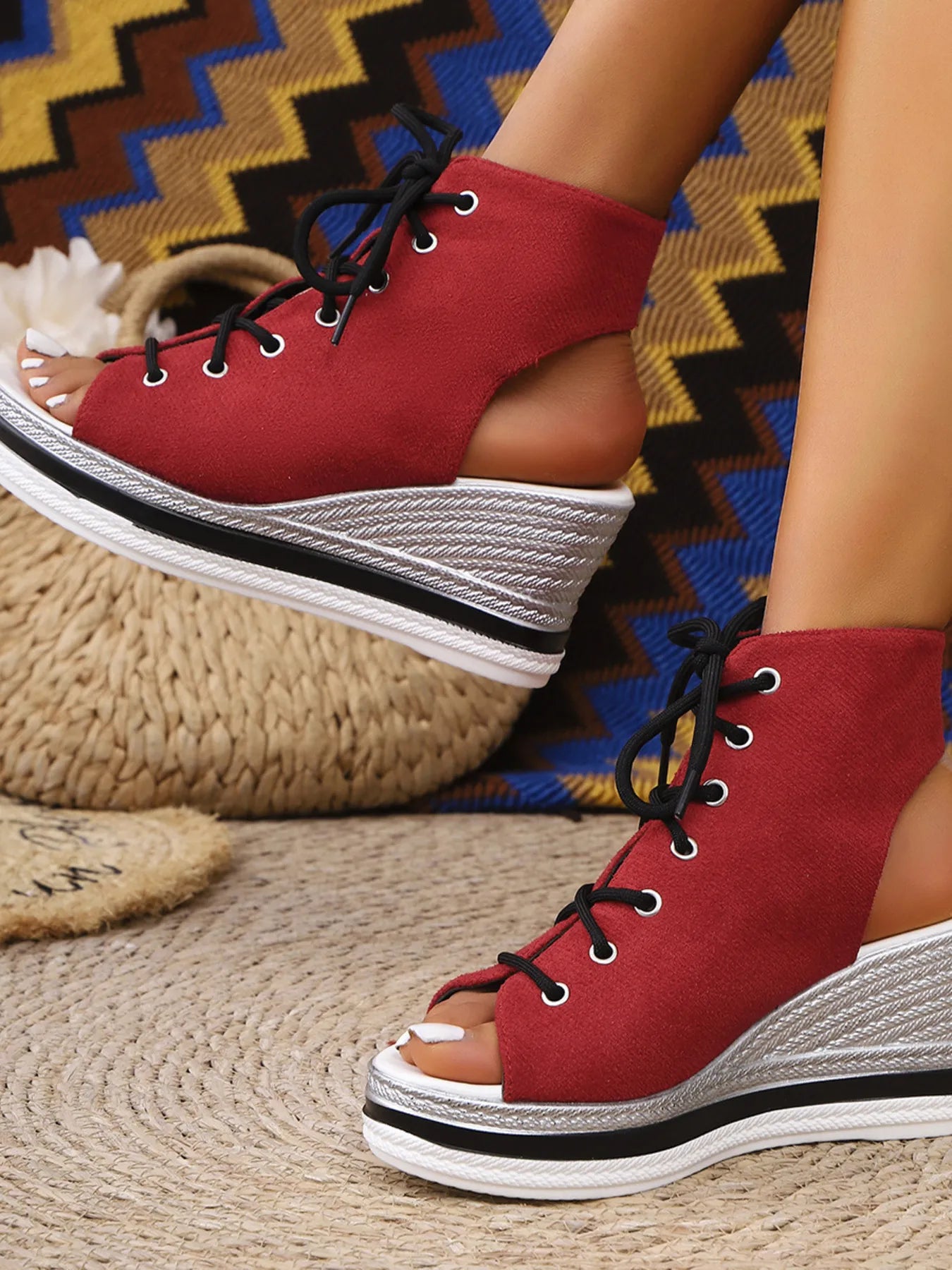 Lace Up Open Toe Wedge Sandals - Tigbul's Variety Fashion Shop