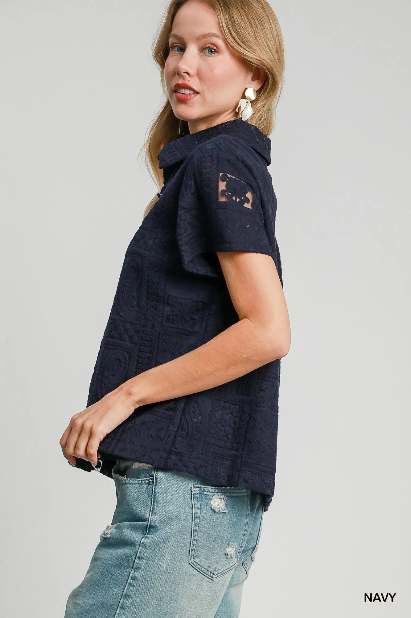 Umgee Patch Lace Short Sleeve Button Down Shirt - Tigbul's Variety Fashion Shop