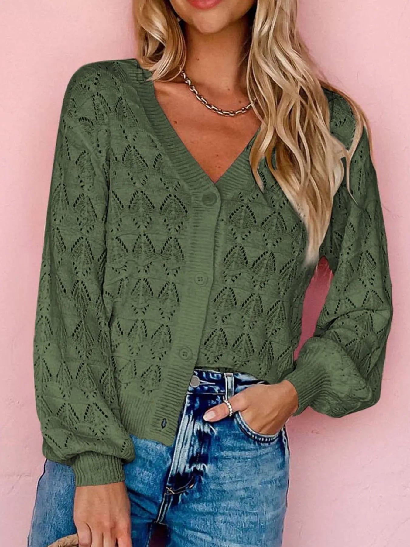 Openwork Button Up Cardigan - Tigbul's Variety Fashion Shop