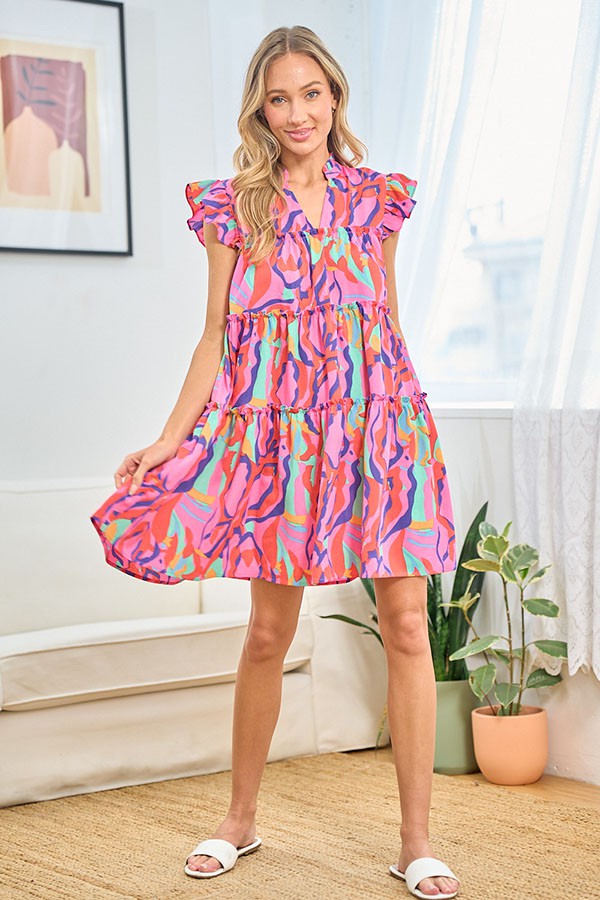 First Love Full Size Printed Ruffle Cap Sleeve Tiered Dress - Tigbul's Variety Fashion Shop