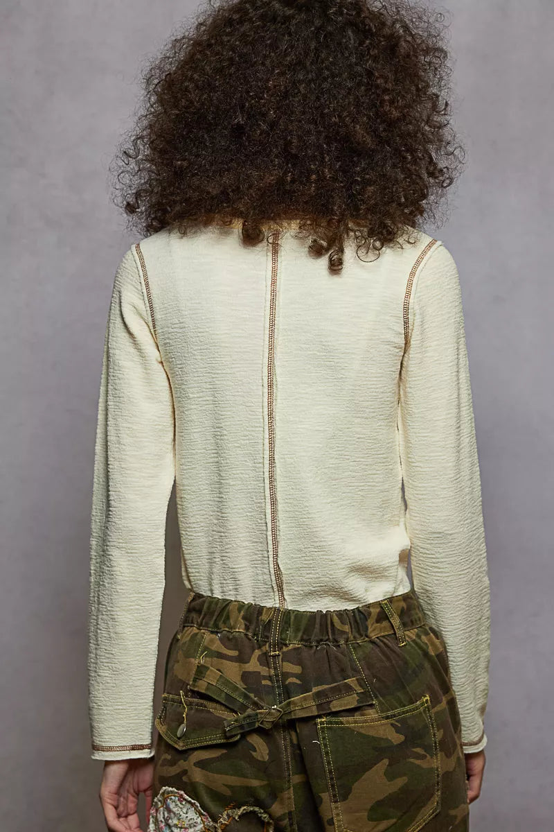 POL Round Neck Long Sleeve Contrast Stitching T-Shirt with Stud Detail - Tigbul's Variety Fashion Shop