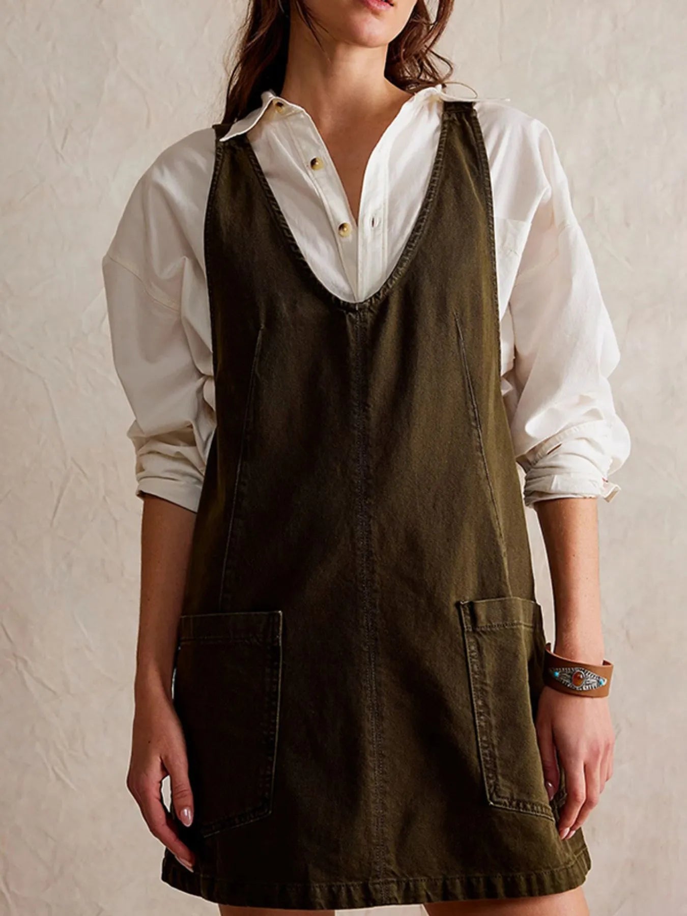 Oversized V-Neck Denim Tank Dress with Front Pockets - Tigbul's Variety Fashion Shop