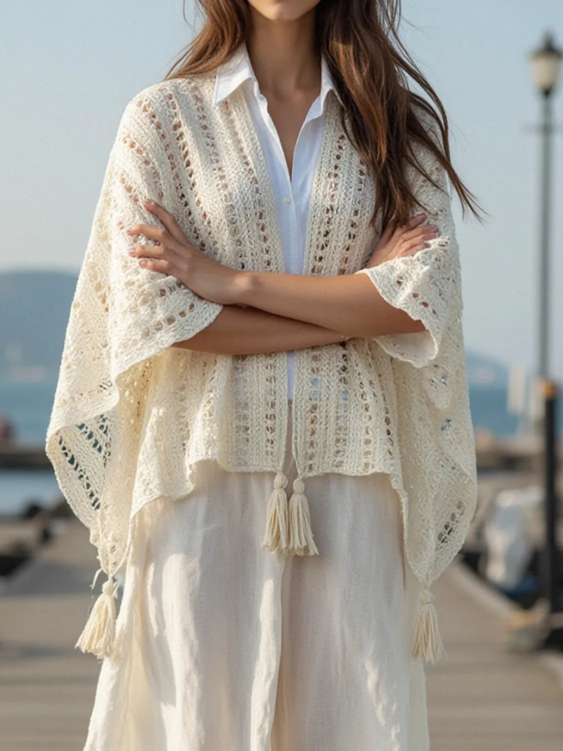 Openwork Tassel Open Front Knit Cover Up - Tigbul's Variety Fashion Shop