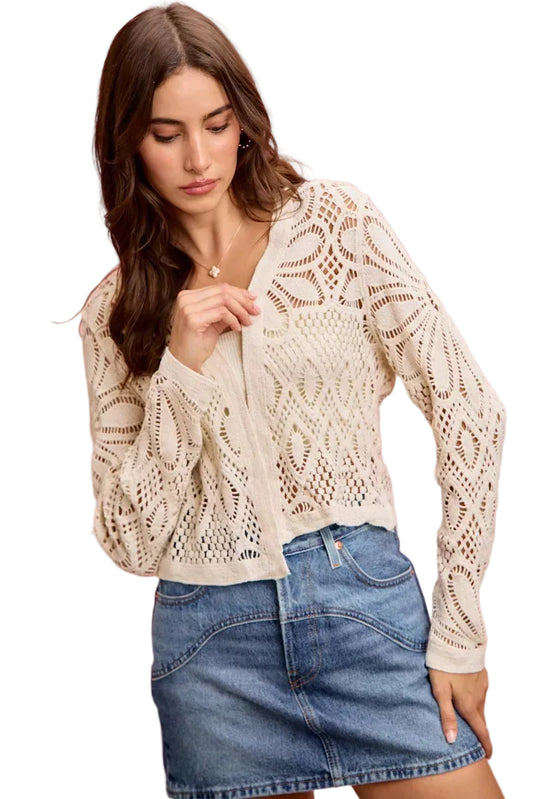 Beige Crochet Knit Long Sleeve Cardigan Sweater - Tigbul's Variety Fashion Shop