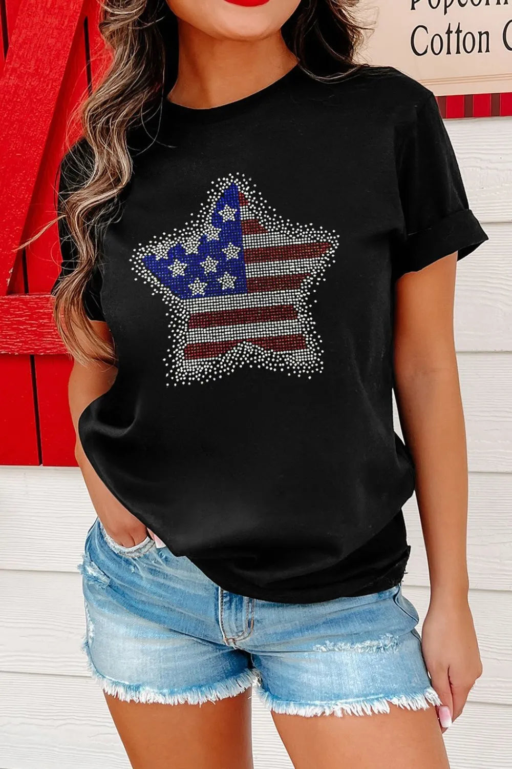 Star Round Neck Short Sleeve Black T-Shirt - Tigbul's Variety Fashion Shop