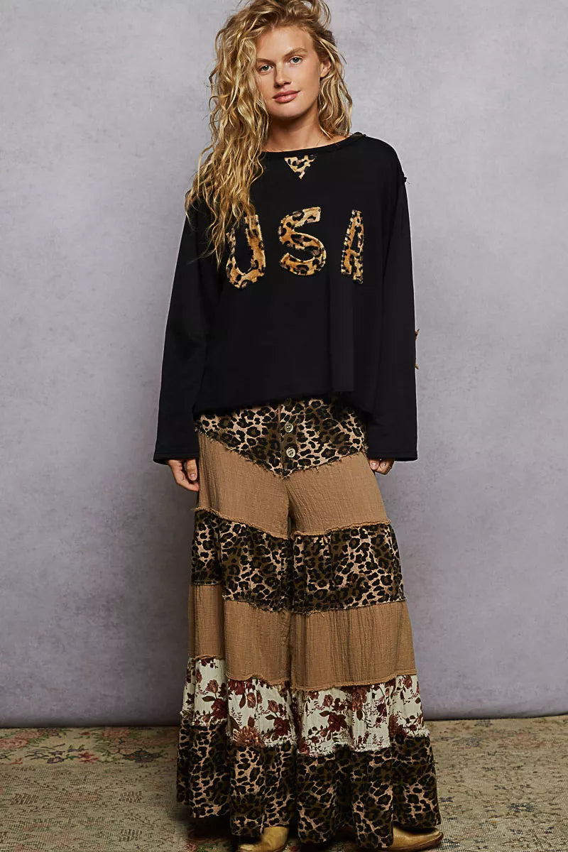 POL Round Neck Long Sleeve French Terry Sweatshirt with USA Letter Animal Patch - Tigbul's Variety Fashion Shop