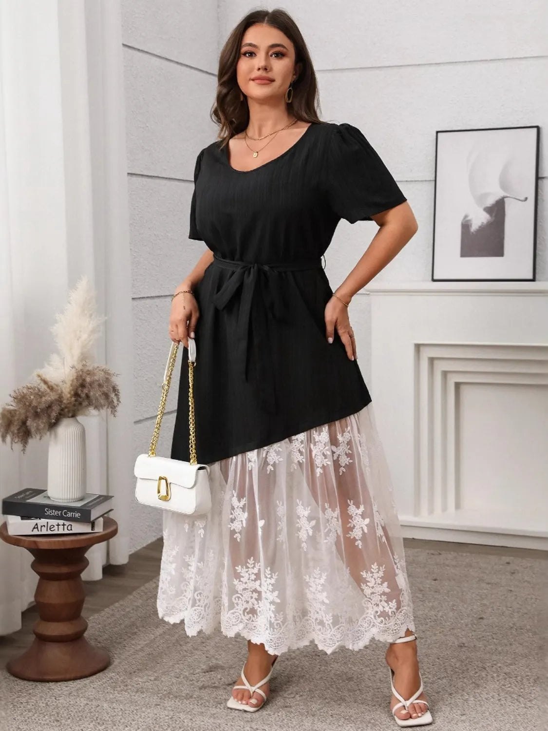 Plus Size Lace Patchwork Short Sleeve Maxi Dress - Tigbul's Variety Fashion Shop