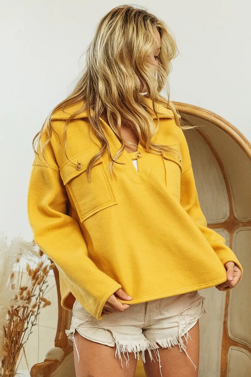 BiBi Flap Pockets Fleece Collared Sweatshirt - Tigbul's Variety Fashion Shop