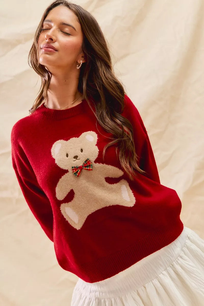 SO ME Teddy Bear With Check Ribbon Christmas Sweater - Tigbul's Variety Fashion Shop